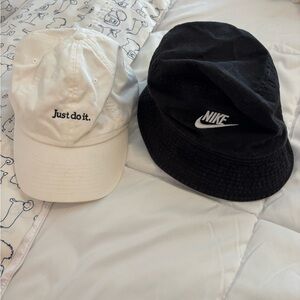 Two Nike hat bundle Black Bucket Hat & White ball cap with embroidered Logo